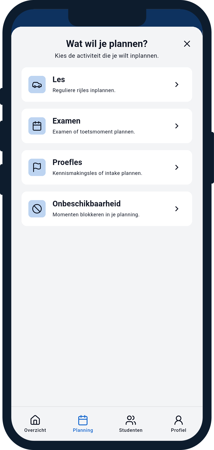 Mobiele leerling app preview van Mijn Rijschool App